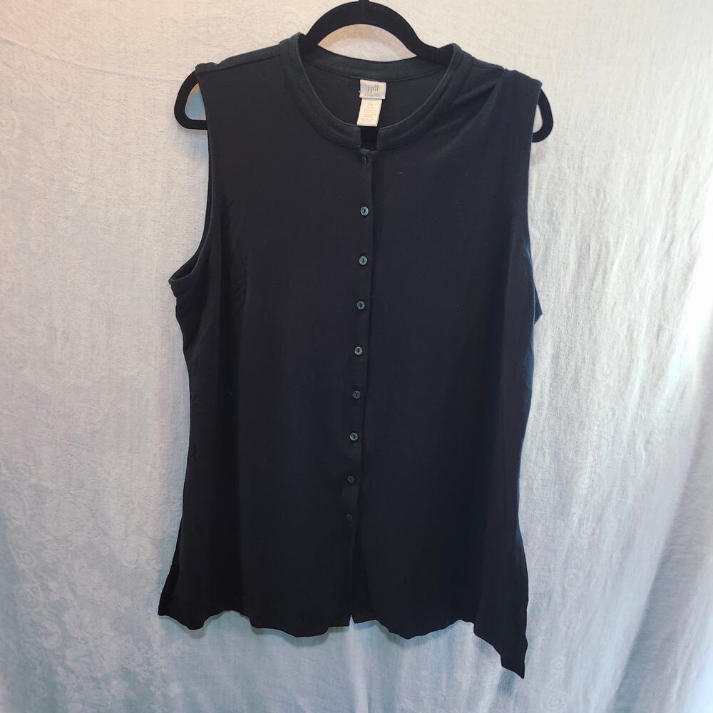 J Jill Sz Lrge Petite Black Sleeveless Mandarin Collar Button Front Top